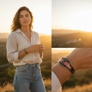 Vintage Brass Enamel Cuff Bracelet with Southwestern Bird Motif